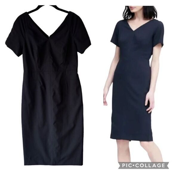 New Banana Republic Lightweight Wool Sheath Dress Black VNeck Midi Classic Sz 6P - Picture 2 of 8